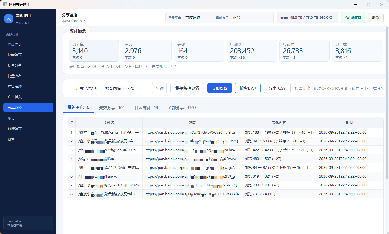 网盘管理工具的批量操作界面，包含批量分享、批量转存、批量去广告、批量加广告和推广数据查看